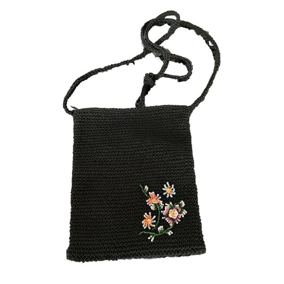 Ladies black woven Crossbody handbag w/beaded flowers on front Zip Closure - Picture 2 of 9